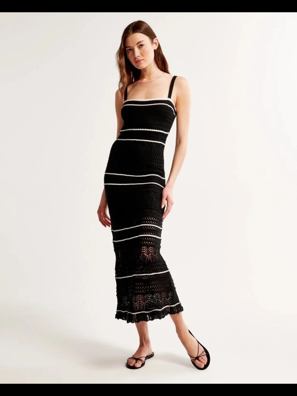 Abercrombie & Fitch Black Stripe Crochet Knit Cotton Square Neck Maxi Tank Dress